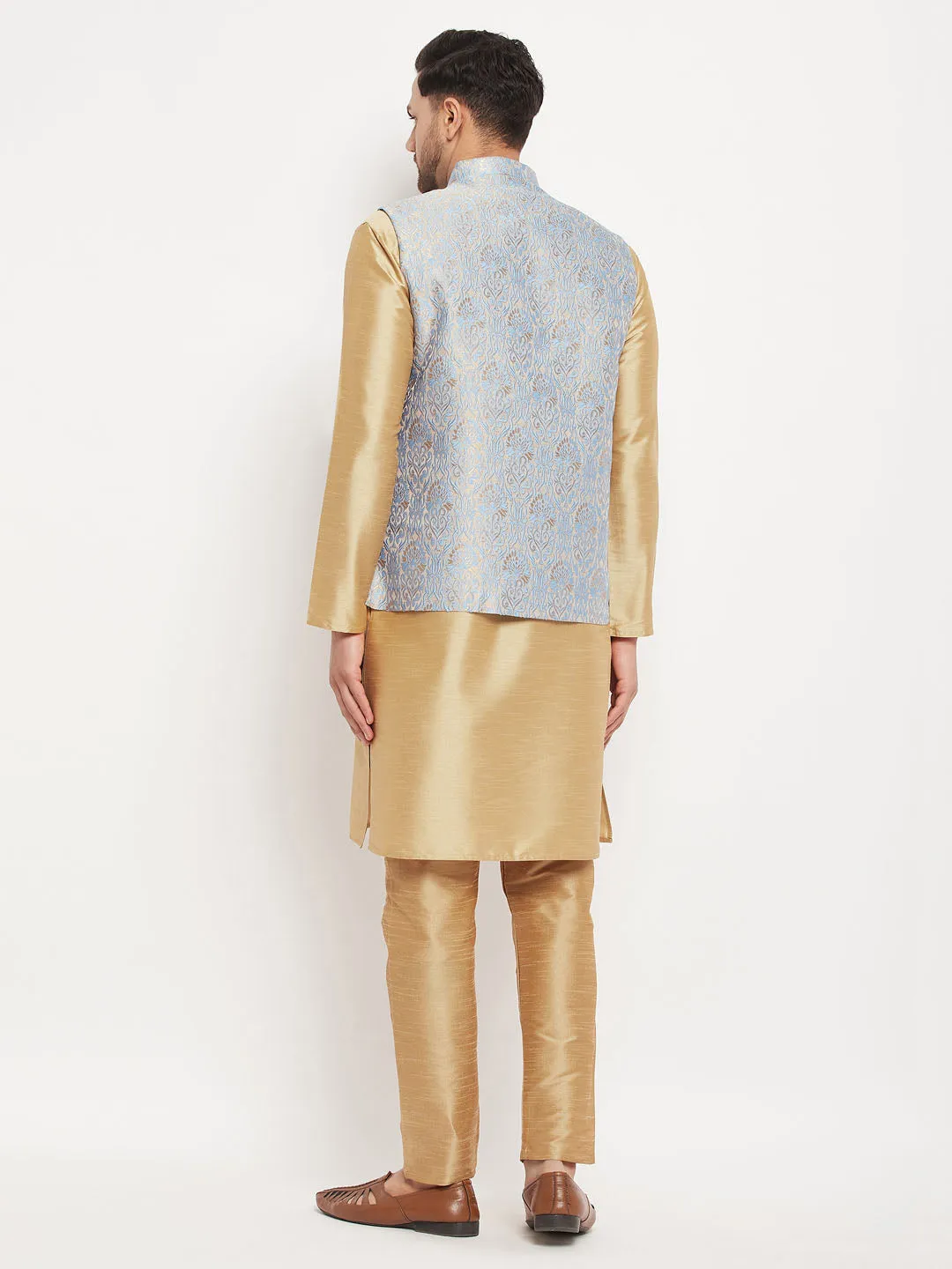 Jashvi Men's Grey Jacquard Jacket With Kurta And Pant Set