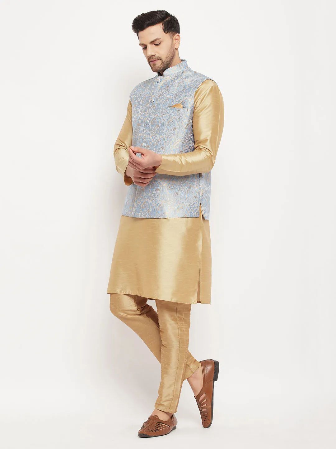 Jashvi Men's Grey Jacquard Jacket With Kurta And Pant Set