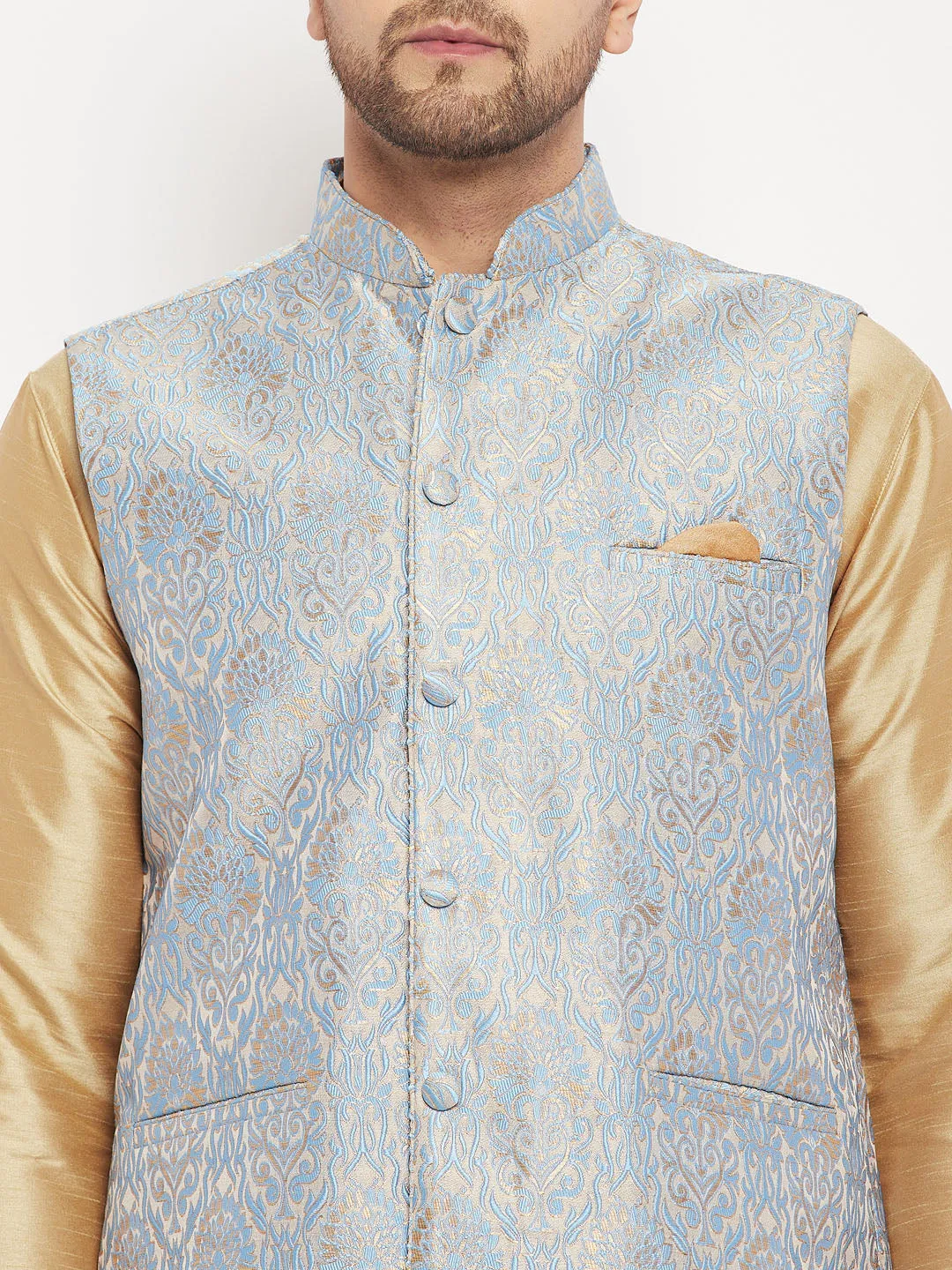 Jashvi Men's Grey Jacquard Jacket With Kurta And Pant Set