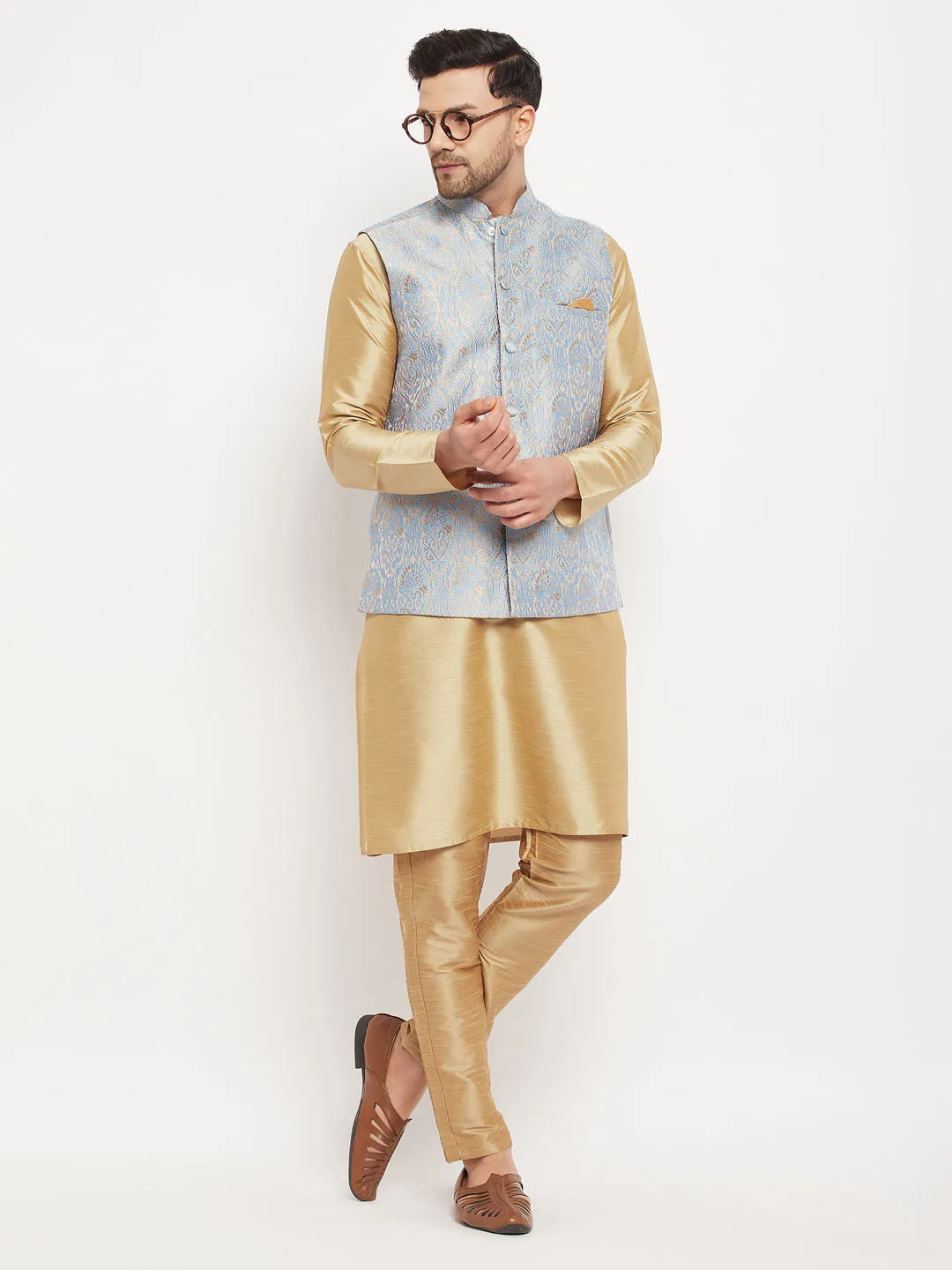 Jashvi Men's Grey Jacquard Jacket With Kurta And Pant Set