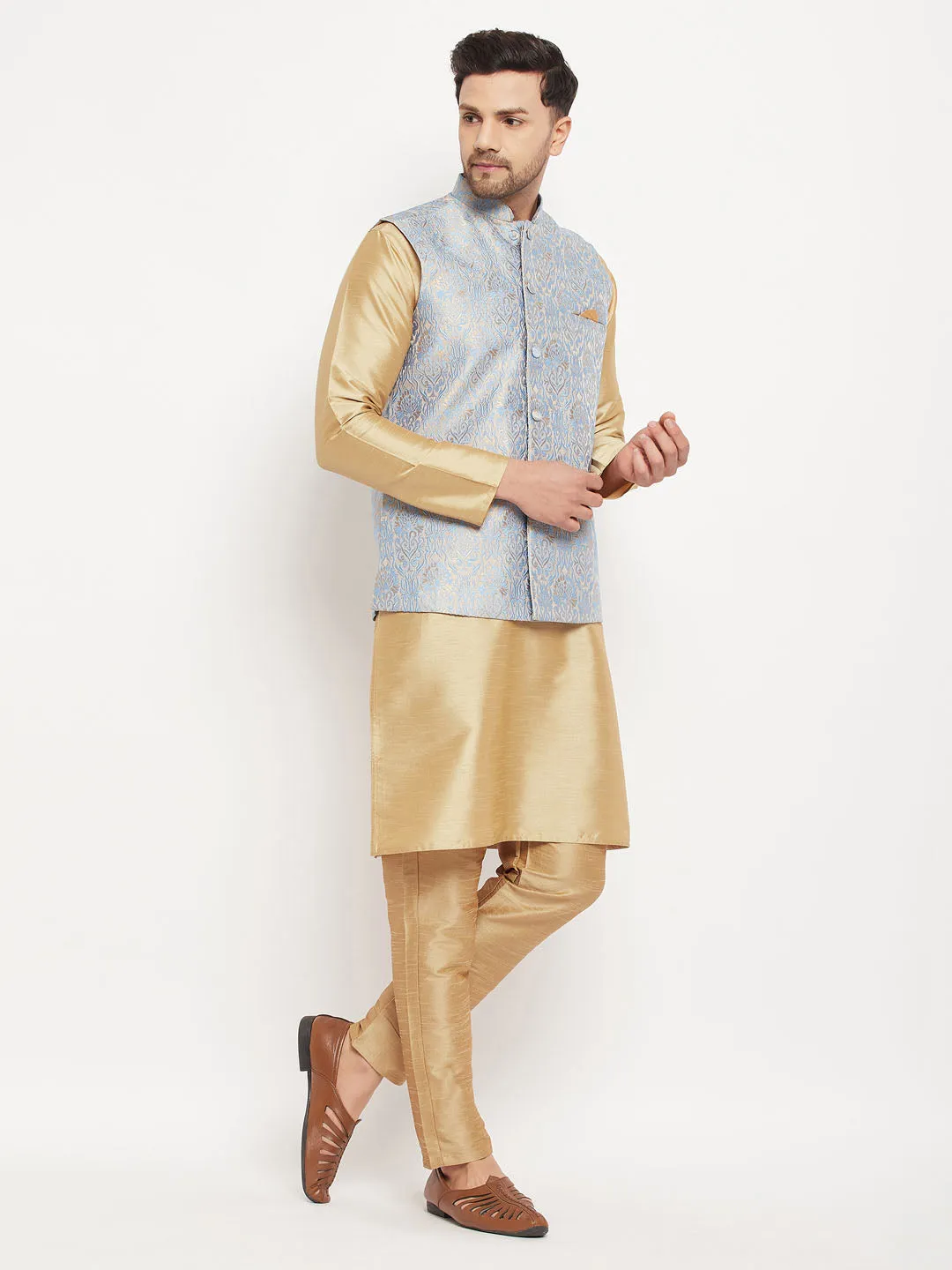 Jashvi Men's Grey Jacquard Jacket With Kurta And Pant Set