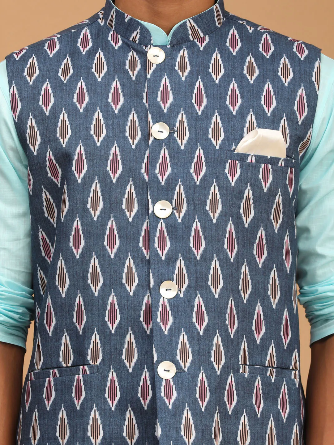 Jashvi Men's Grey Printed Cotton Nehru Jacket With Aqua Kurta And White Pyjama Set