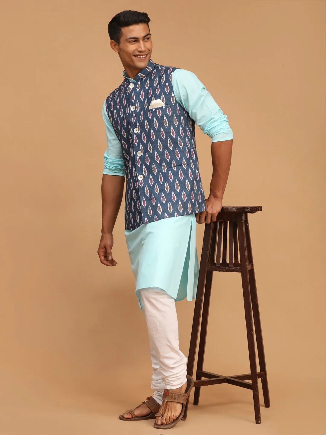 Jashvi Men's Grey Printed Cotton Nehru Jacket With Aqua Kurta And White Pyjama Set