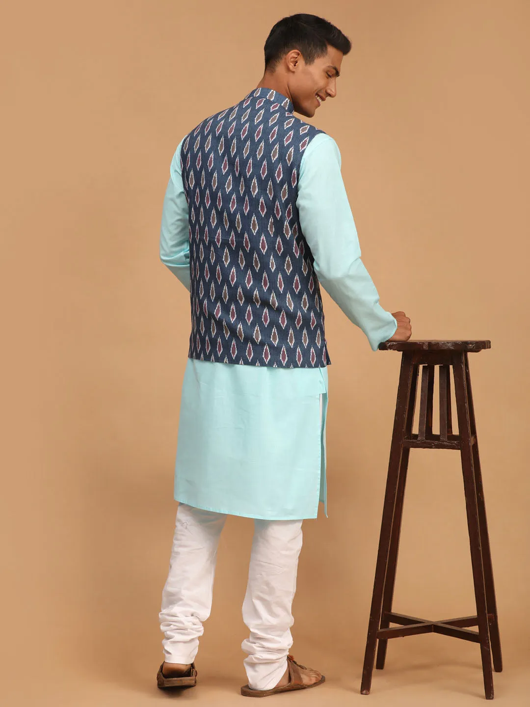 Jashvi Men's Grey Printed Cotton Nehru Jacket With Aqua Kurta And White Pyjama Set