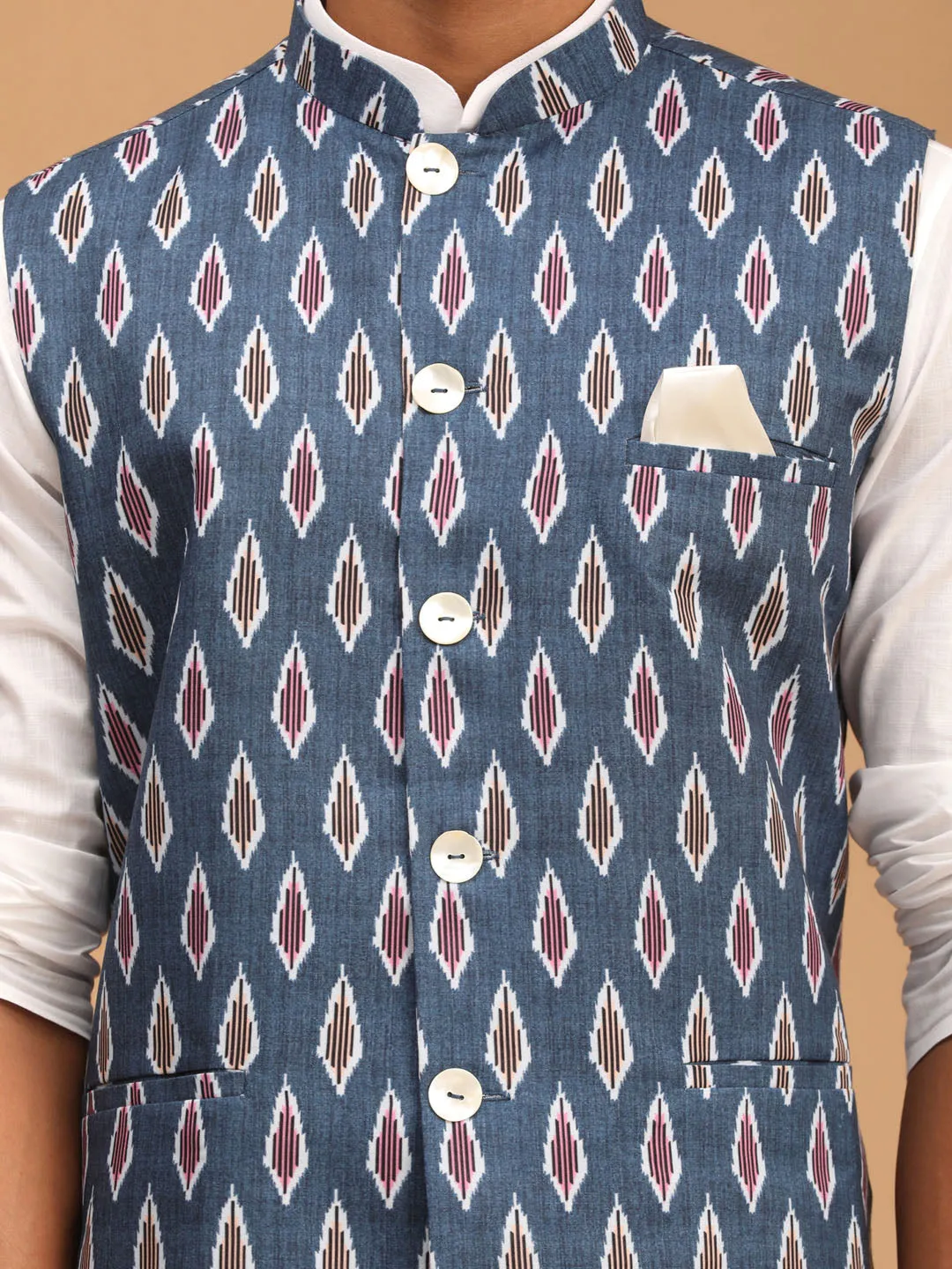 Jashvi Men's Grey Printed Cotton Nehru Jacket With White Kurta And Pyjama Set