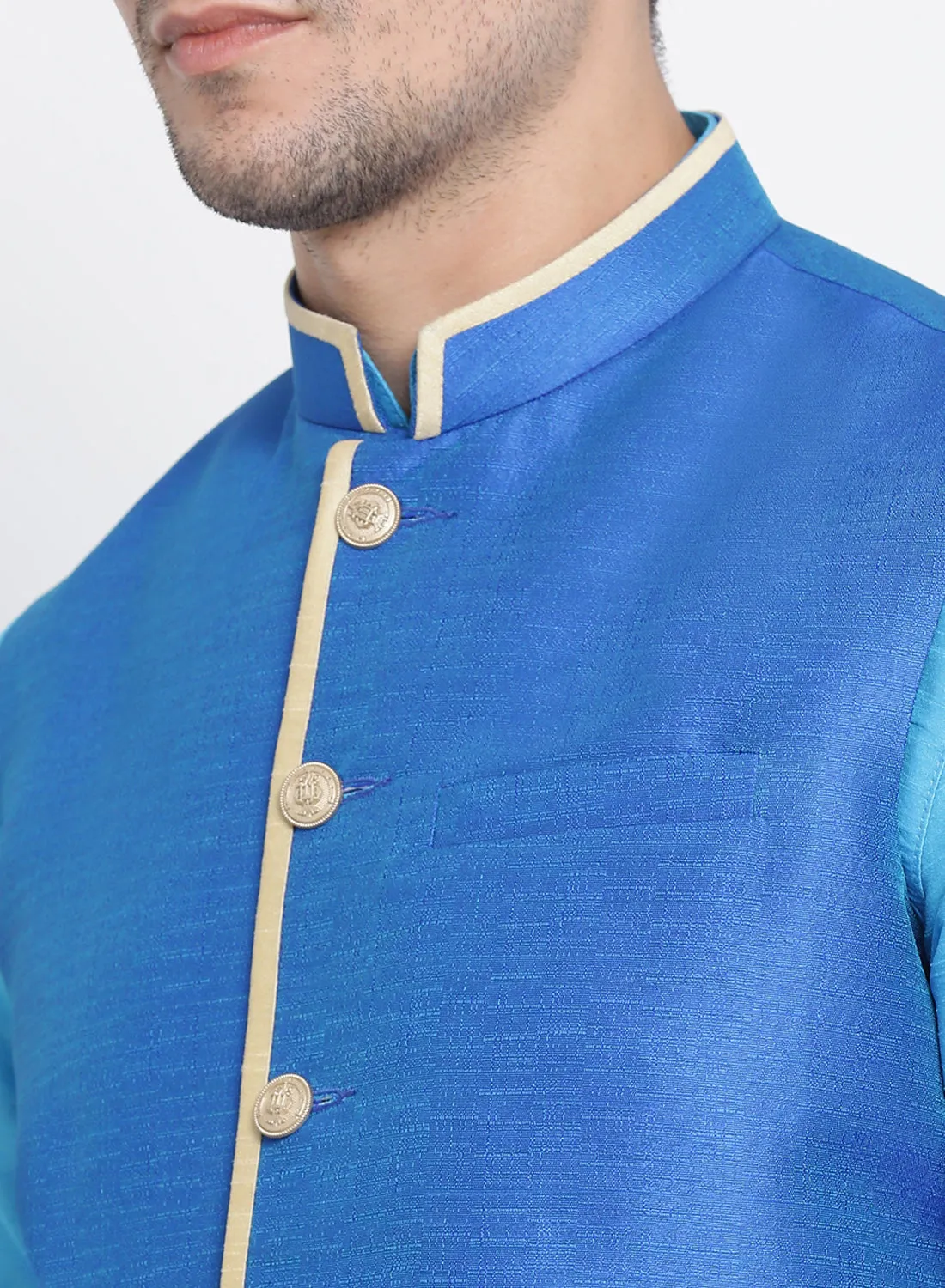 Jashvi Men's Light Blue Cotton Silk Blend Kurta, Ethnic Jacket and Pyjama Set
