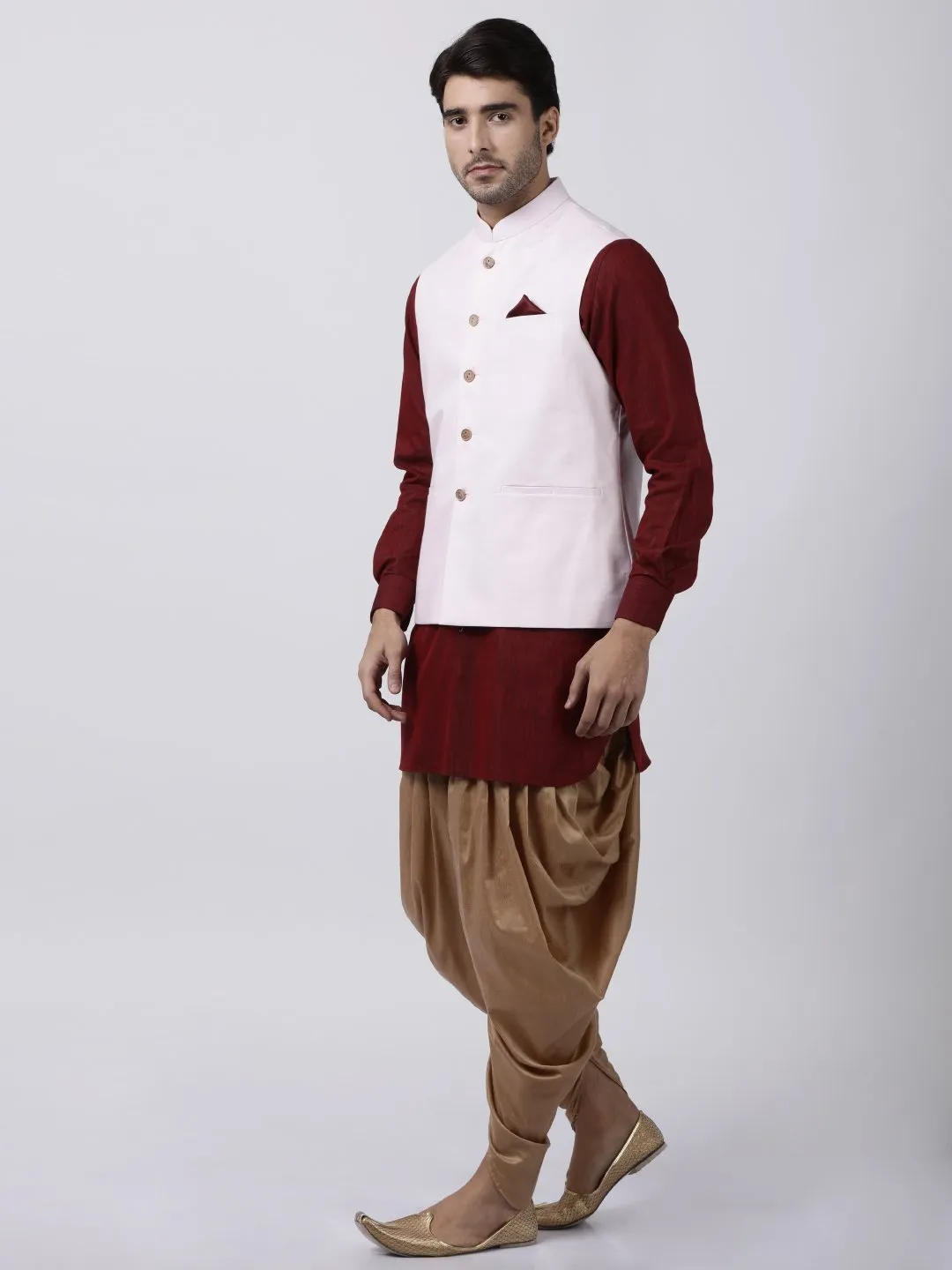 Jashvi Men's Maroon Cotton Blend Ethnic Jacket, Kurta and Dhoti Pant Set