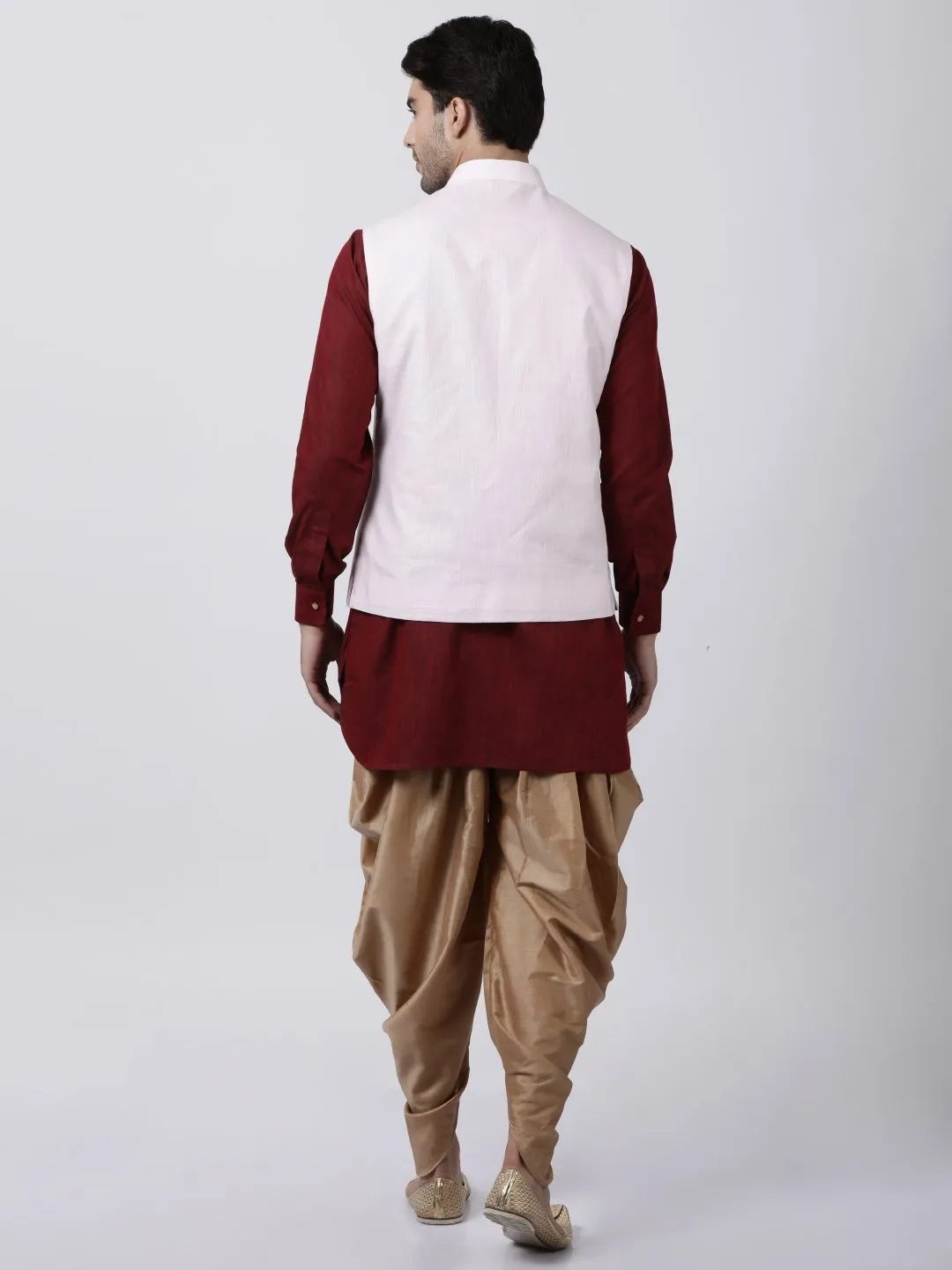 Jashvi Men's Maroon Cotton Blend Ethnic Jacket, Kurta and Dhoti Pant Set