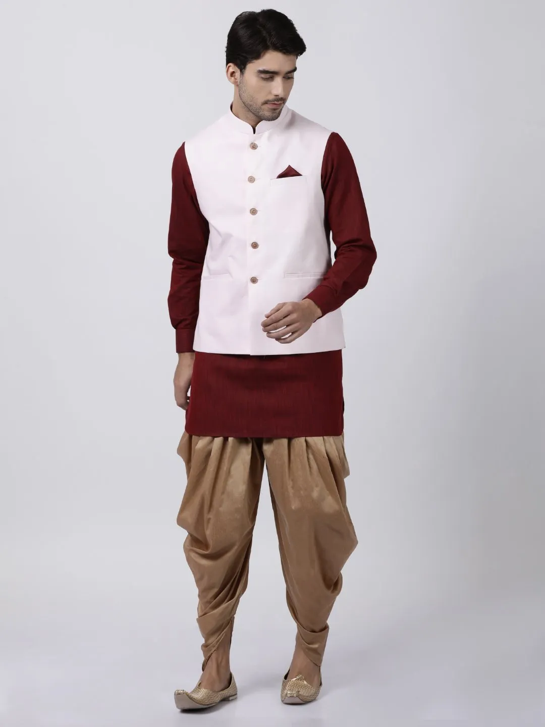 Jashvi Men's Maroon Cotton Blend Ethnic Jacket, Kurta and Dhoti Pant Set