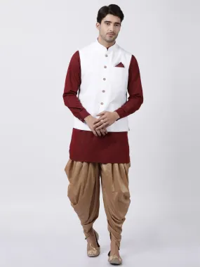 Jashvi Men's Maroon Cotton Blend Kurta, White Ethnic Jacket and Dhoti Pant Set