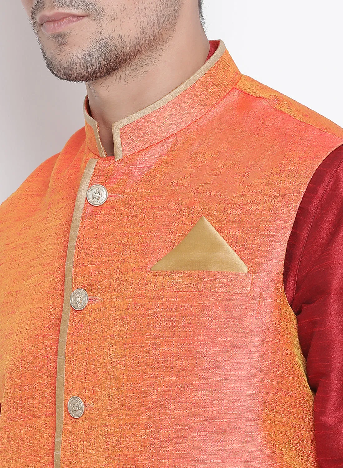 Jashvi Men's Maroon Cotton Silk Blend Ethnic Jacket, Kurta and Dhoti Pant Set
