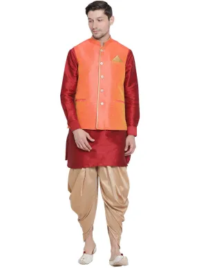 Jashvi Men's Maroon Cotton Silk Blend Ethnic Jacket, Kurta and Dhoti Pant Set