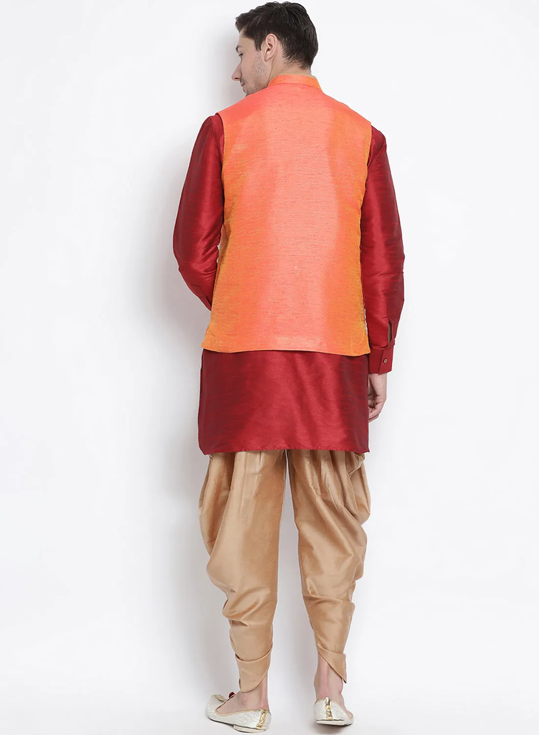 Jashvi Men's Maroon Cotton Silk Blend Ethnic Jacket, Kurta and Dhoti Pant Set