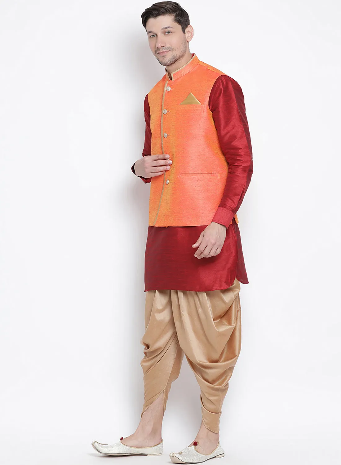 Jashvi Men's Maroon Cotton Silk Blend Ethnic Jacket, Kurta and Dhoti Pant Set