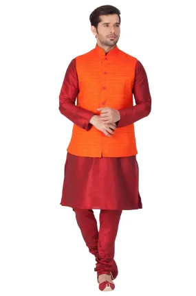 Jashvi Men's Maroon Cotton Silk Blend Kurta, Ethnic Jacket and Pyjama Set
