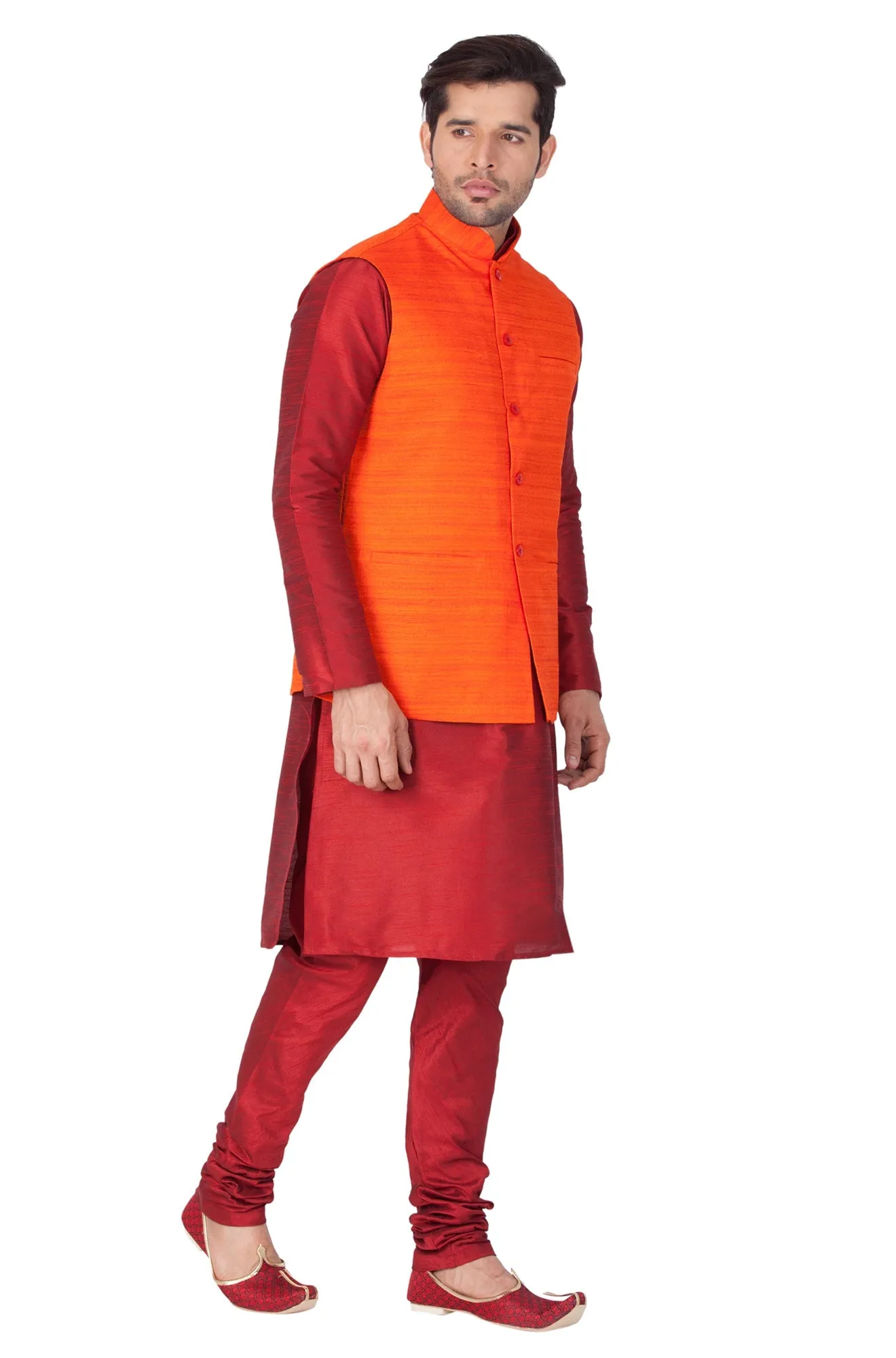 Jashvi Men's Maroon Cotton Silk Blend Kurta, Ethnic Jacket and Pyjama Set