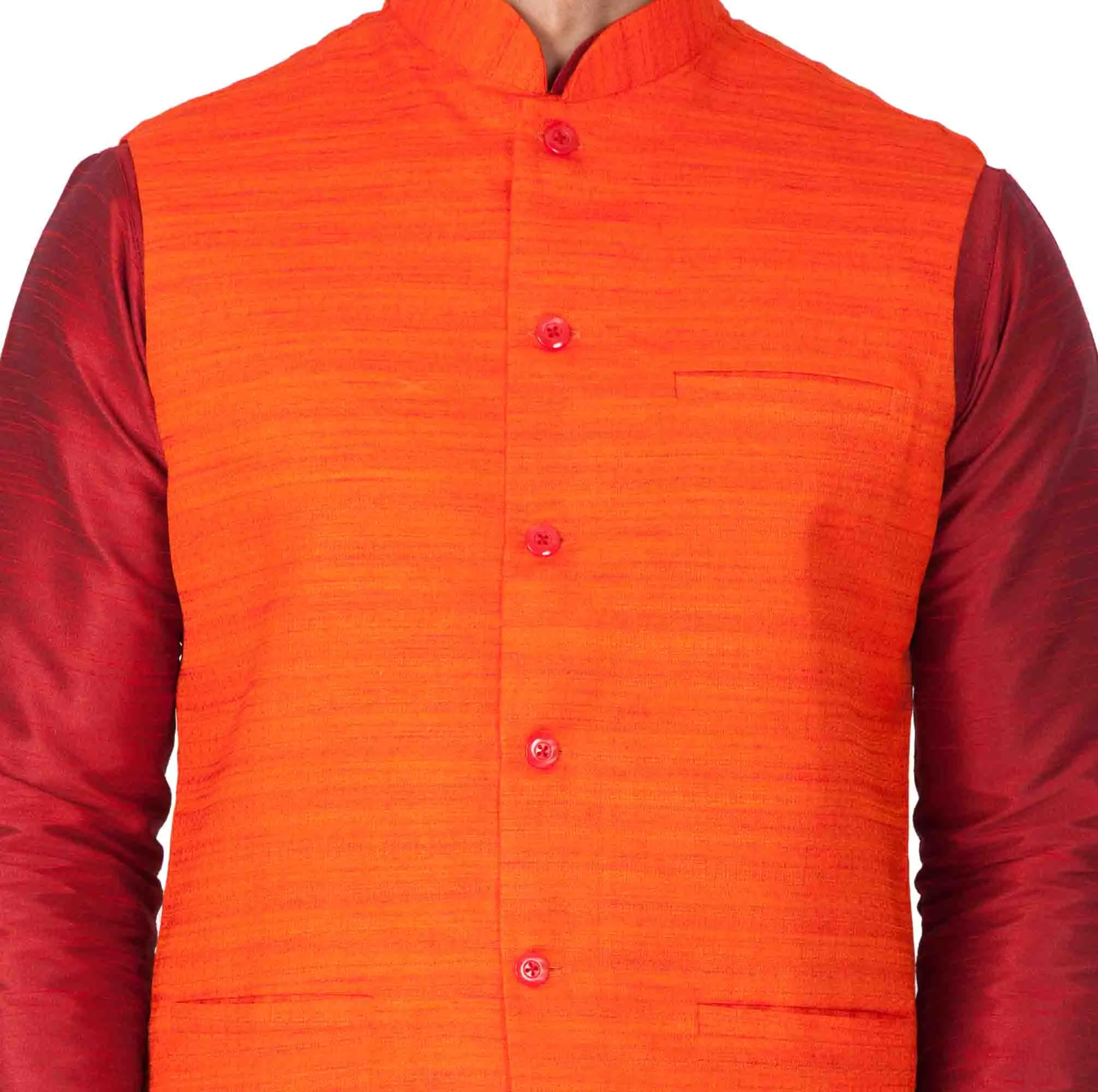 Jashvi Men's Maroon Cotton Silk Blend Kurta, Ethnic Jacket and Pyjama Set