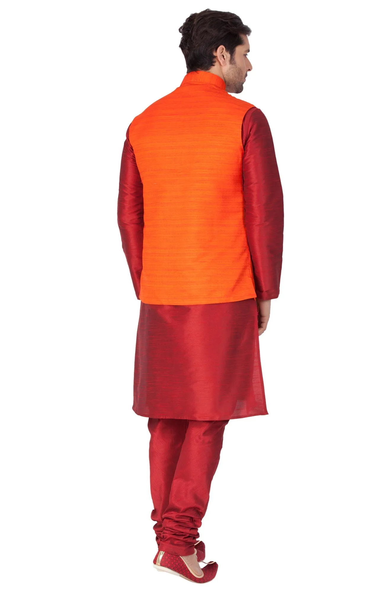 Jashvi Men's Maroon Cotton Silk Blend Kurta, Ethnic Jacket and Pyjama Set