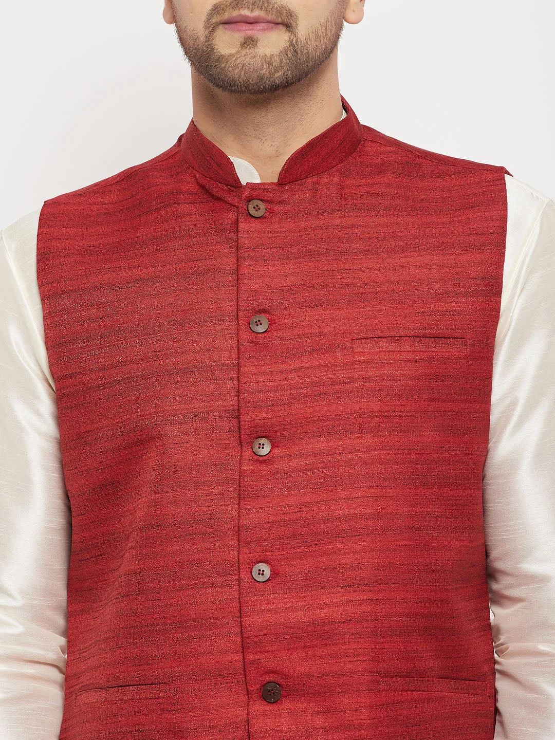 Jashvi Men's Maroon Matka Silk Nehru Jacket With Cream Silk Blend Kurta and Pant style Pyjama Set