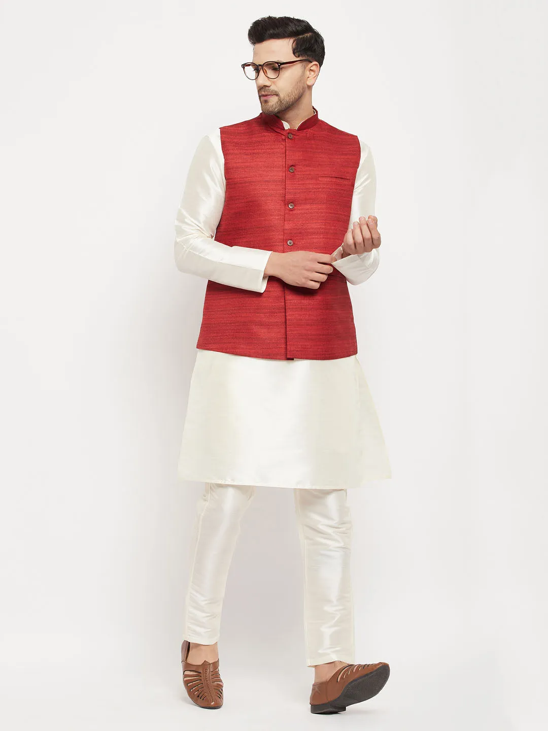 Jashvi Men's Maroon Matka Silk Nehru Jacket With Cream Silk Blend Kurta and Pant style Pyjama Set