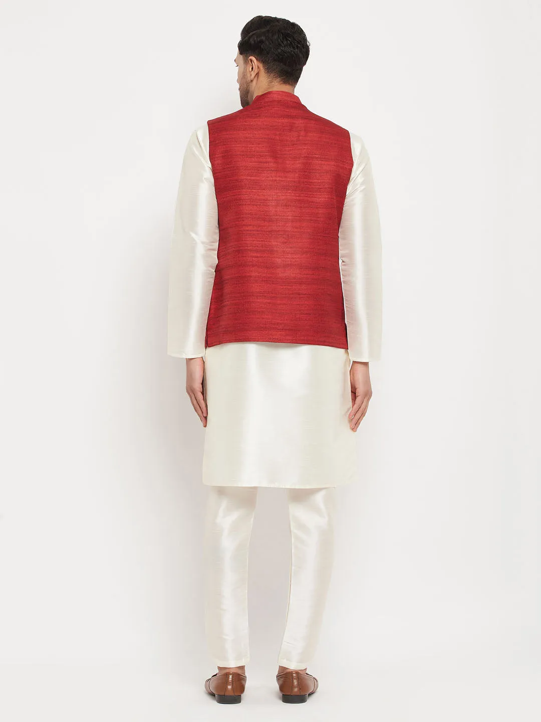 Jashvi Men's Maroon Matka Silk Nehru Jacket With Cream Silk Blend Kurta and Pant style Pyjama Set