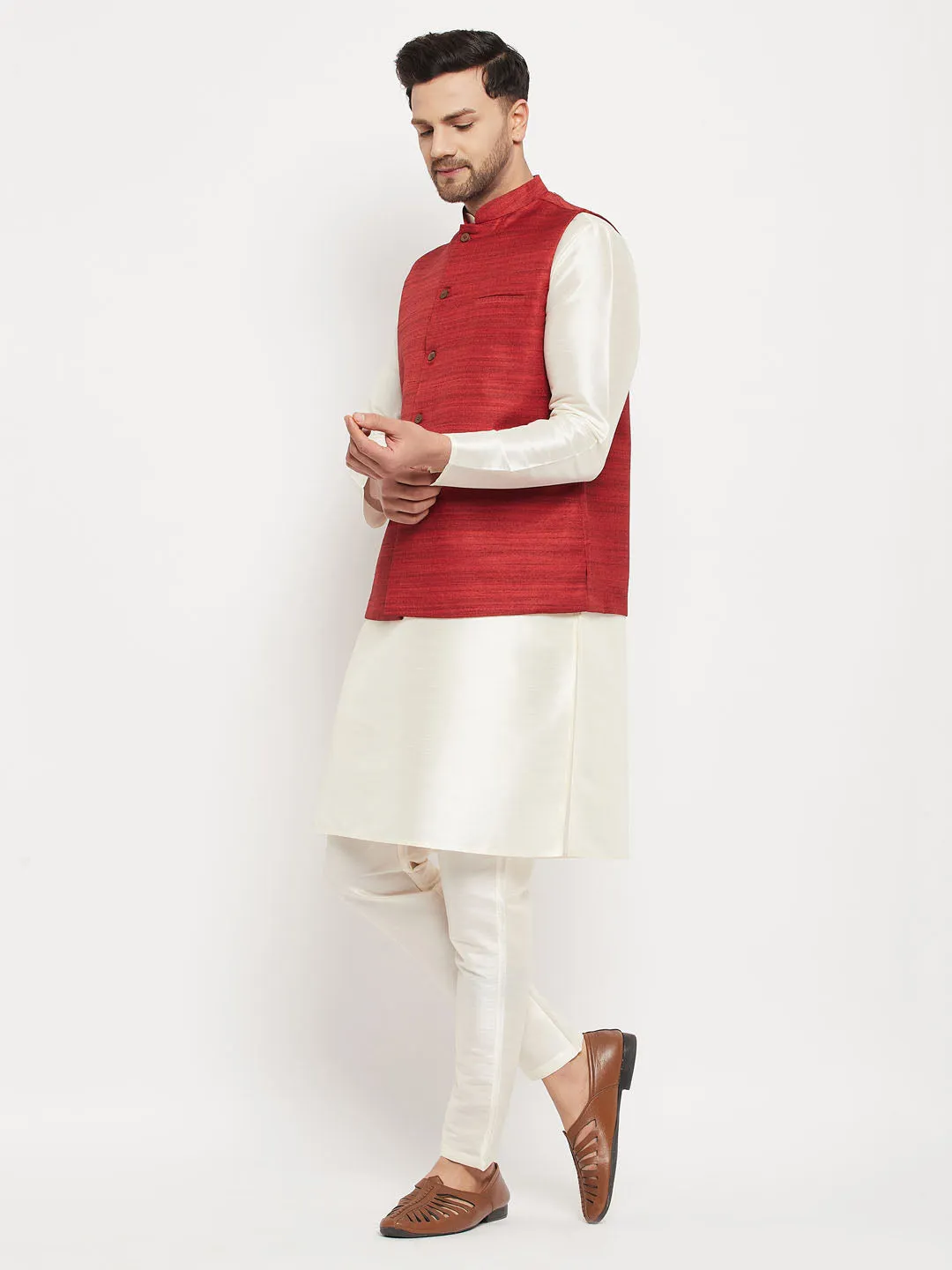 Jashvi Men's Maroon Matka Silk Nehru Jacket With Cream Silk Blend Kurta and Pant style Pyjama Set