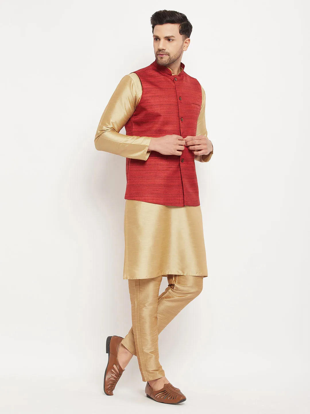 Jashvi Men's Maroon Matka Silk Nehru Jacket With Rose Gold Silk Blend Kurta and Pant style Pyjama Set