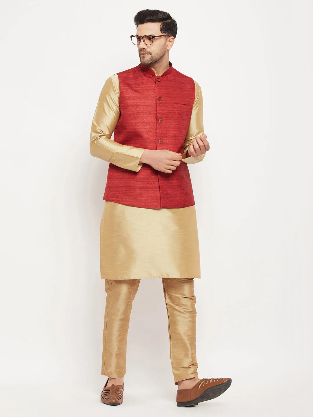 Jashvi Men's Maroon Matka Silk Nehru Jacket With Rose Gold Silk Blend Kurta and Pant style Pyjama Set