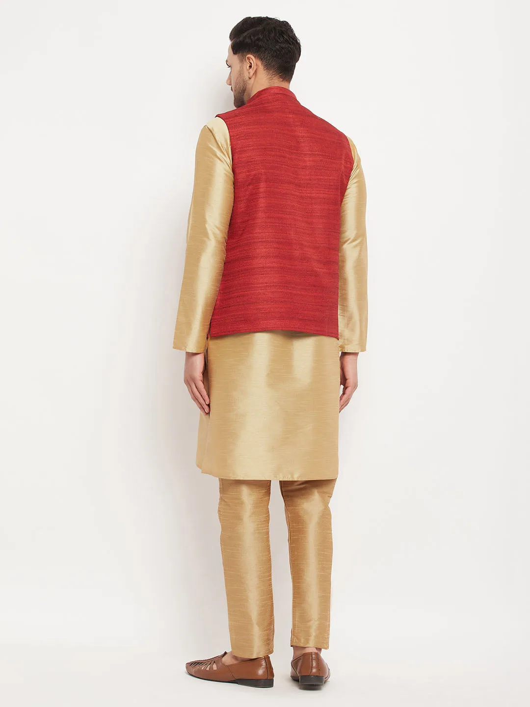 Jashvi Men's Maroon Matka Silk Nehru Jacket With Rose Gold Silk Blend Kurta and Pant style Pyjama Set