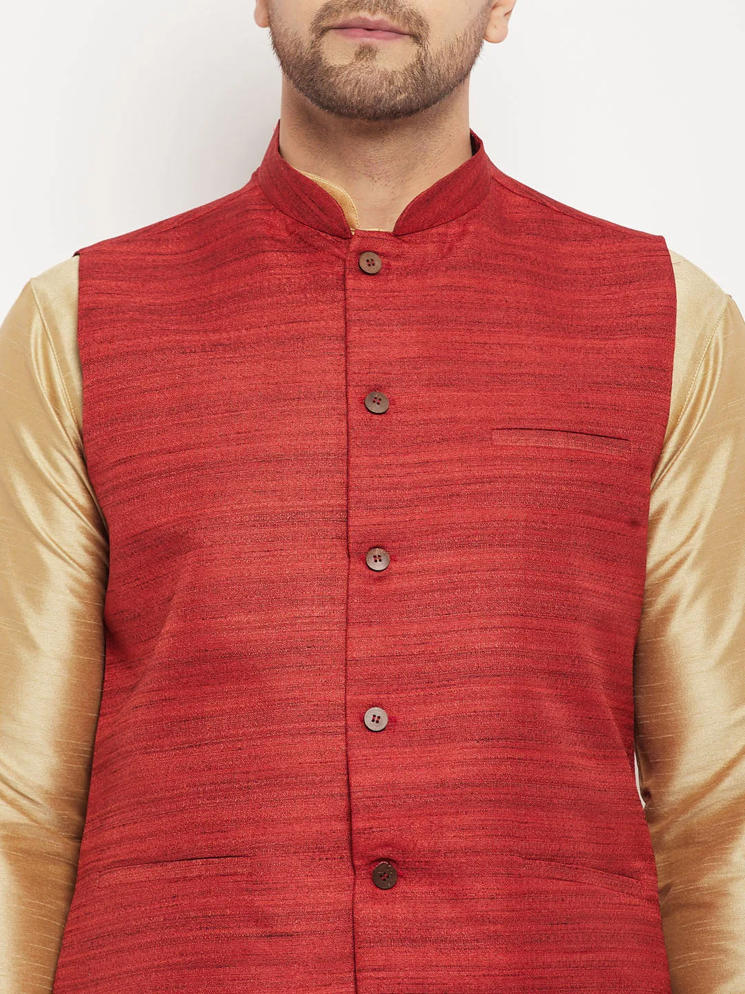 Jashvi Men's Maroon Matka Silk Nehru Jacket With Rose Gold Silk Blend Kurta and Pant style Pyjama Set