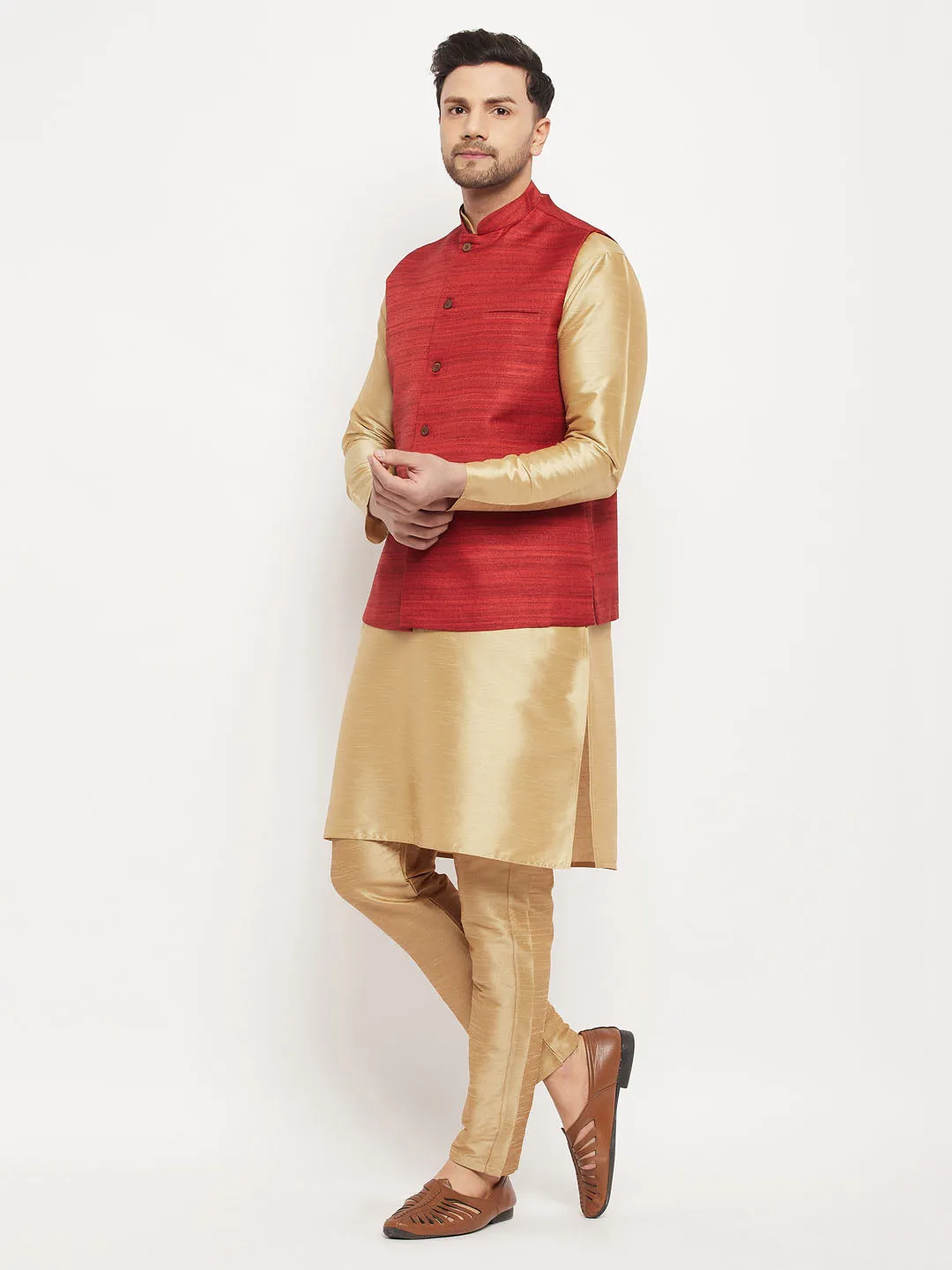 Jashvi Men's Maroon Matka Silk Nehru Jacket With Rose Gold Silk Blend Kurta and Pant style Pyjama Set