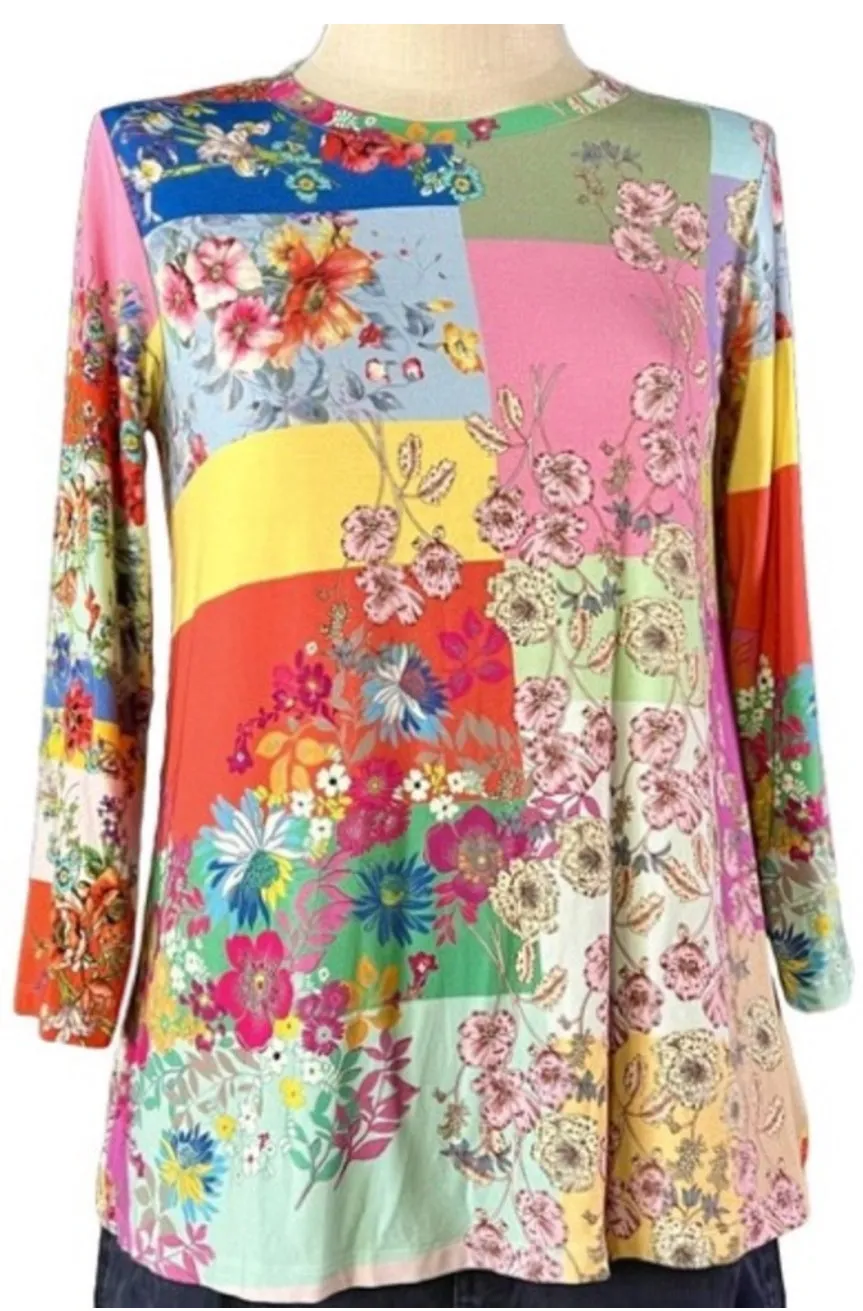 Johnny Was Marcel Favorite 3/4 Sleeve Crew Neck Swing Tee Floral Roses X Small
