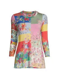 Johnny Was Marcel Favorite 3/4 Sleeve Crew Neck Swing Tee Floral Roses X Small
