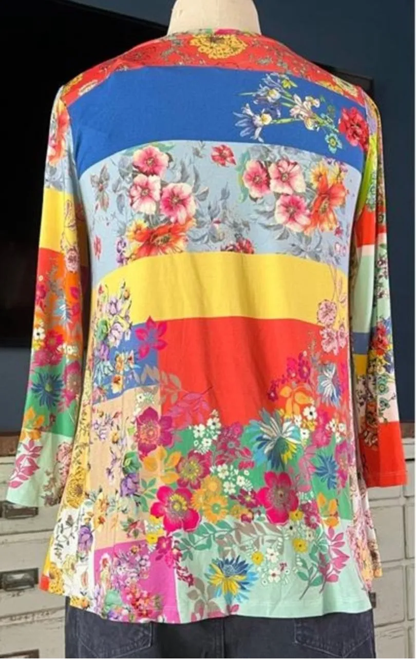 Johnny Was Marcel Favorite 3/4 Sleeve Crew Neck Swing Tee Floral Roses X Small
