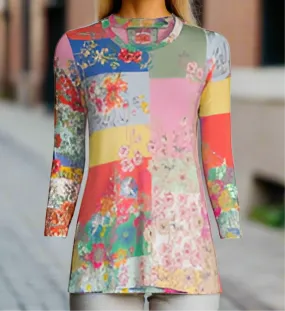 Johnny Was Marcel Favorite 3/4 Sleeve Crew Neck Swing Tee Floral Roses X Small