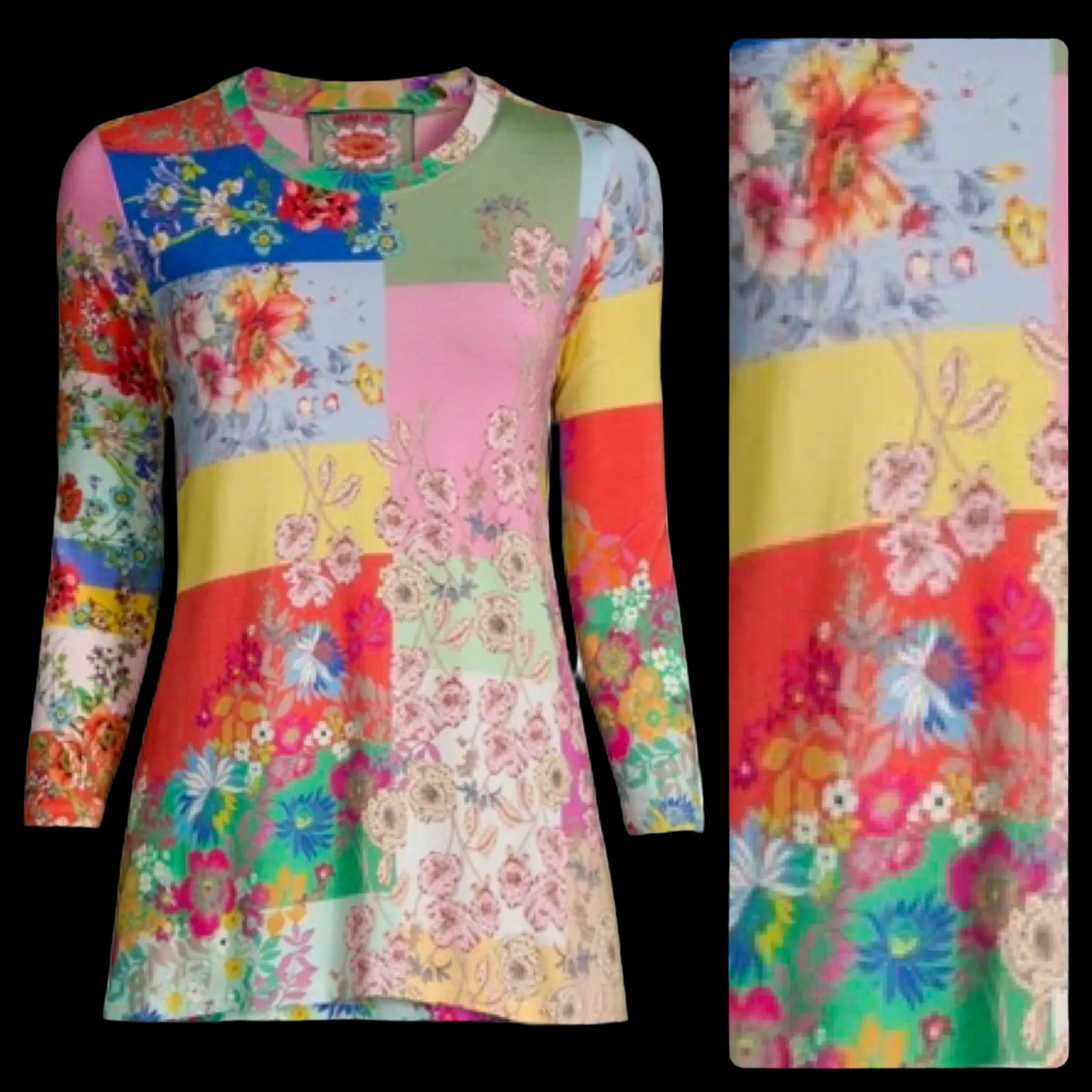Johnny Was Marcel Favorite 3/4 Sleeve Crew Neck Swing Tee Floral Roses X Small