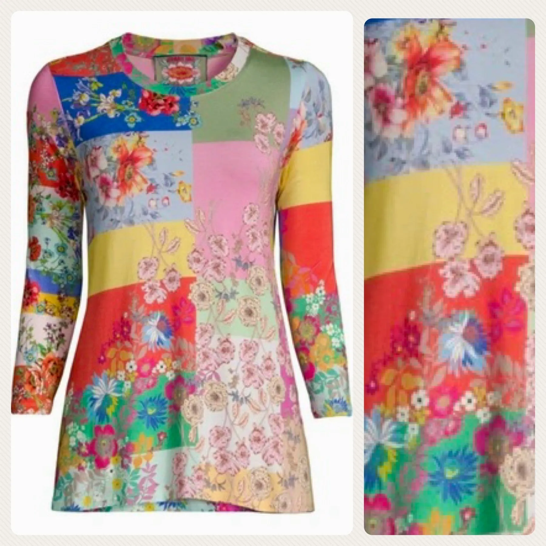 Johnny Was Marcel Favorite 3/4 Sleeve Crew Neck Swing Tee Floral Roses X Small