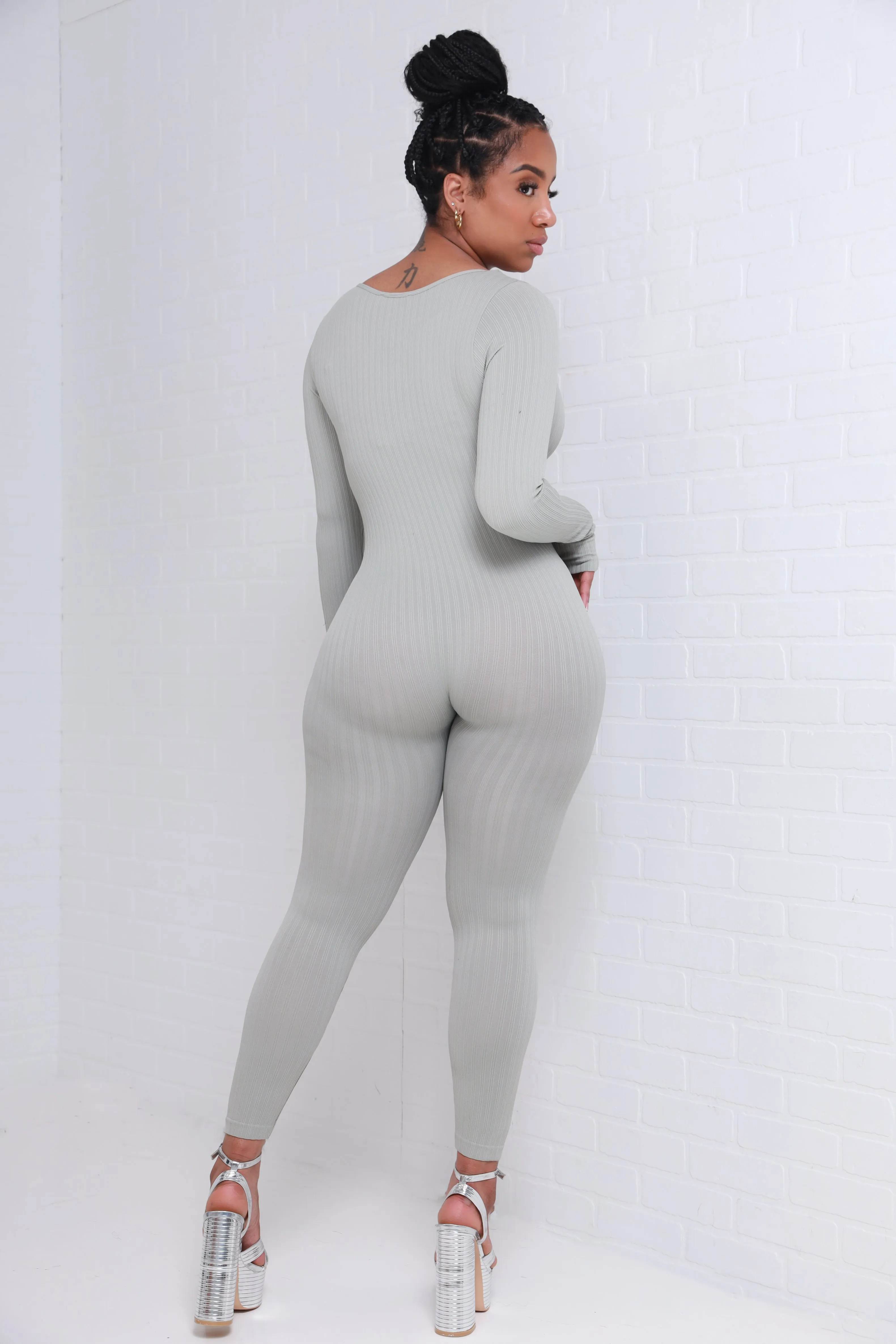 Keep Your Promise Ribbed Seamless Jumpsuit - Light Gray
