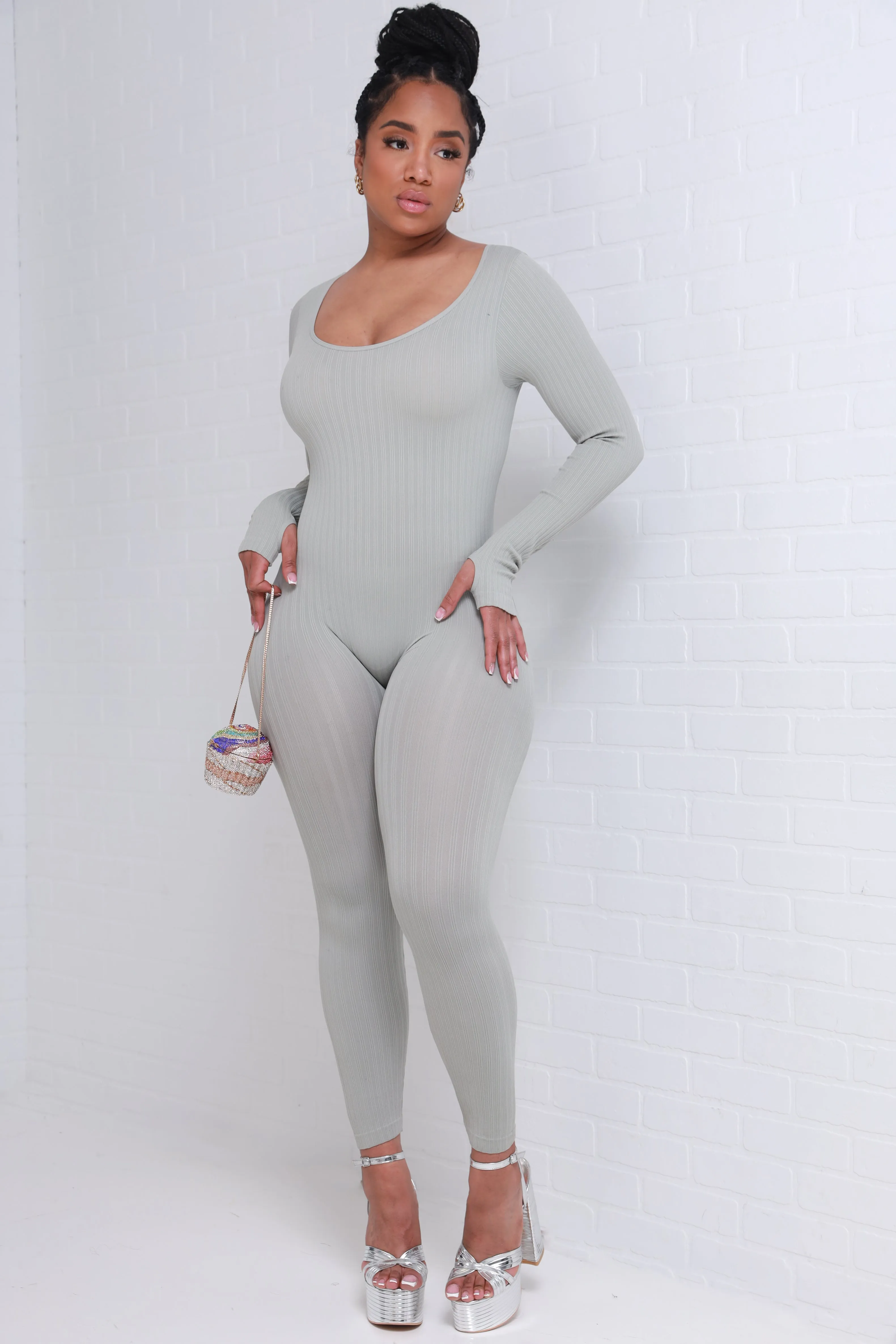 Keep Your Promise Ribbed Seamless Jumpsuit - Light Gray
