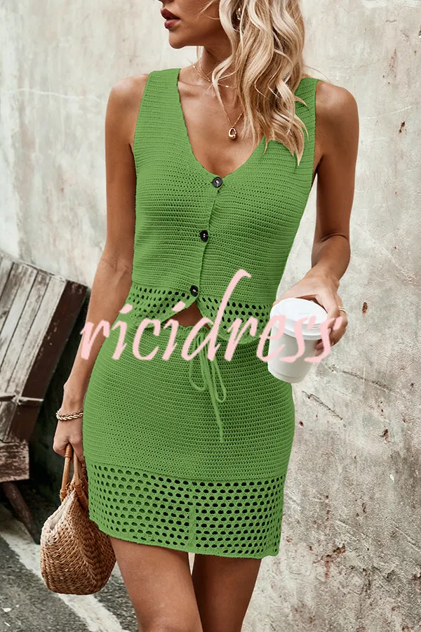 Knitted Vest V-neck Top and Lace-up Hollow Skirt Set