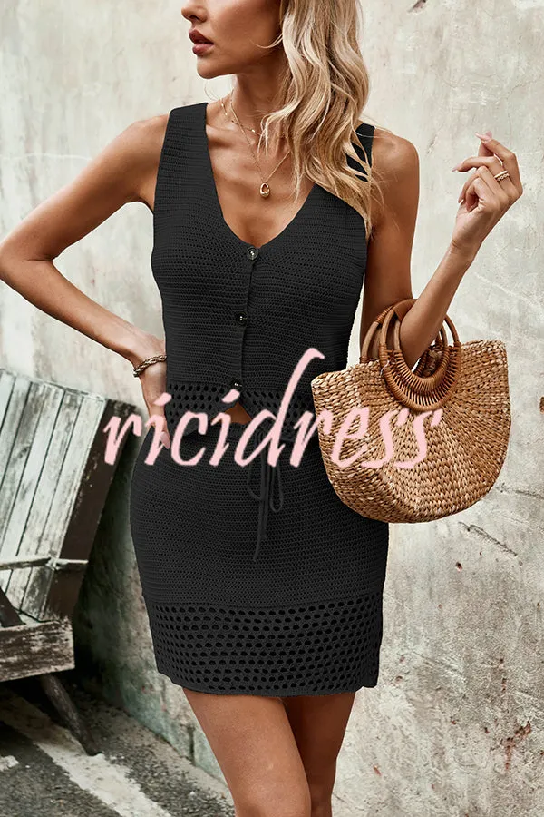Knitted Vest V-neck Top and Lace-up Hollow Skirt Set