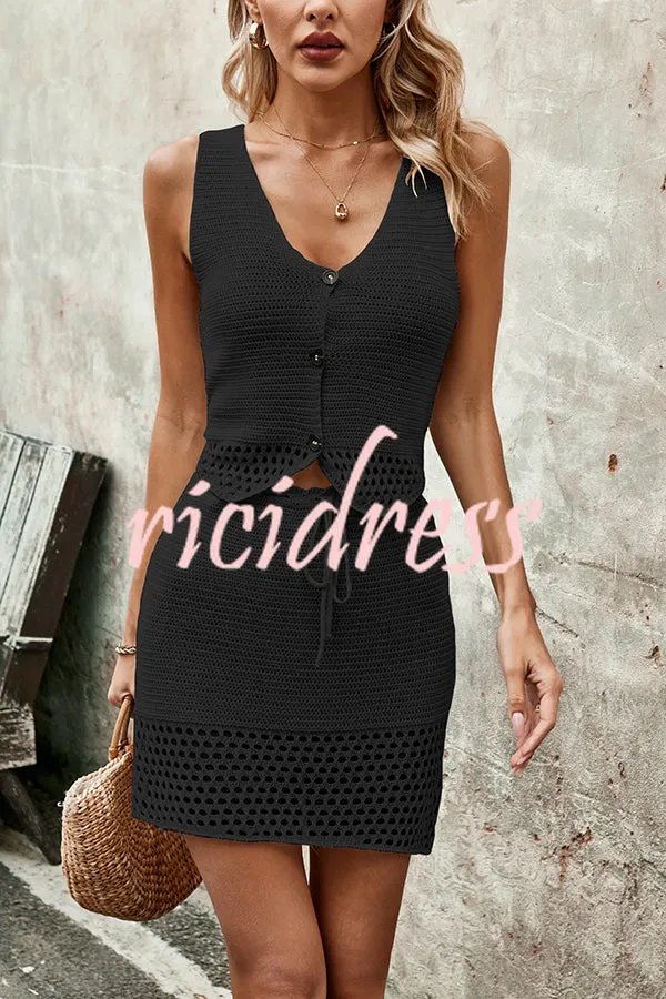 Knitted Vest V-neck Top and Lace-up Hollow Skirt Set