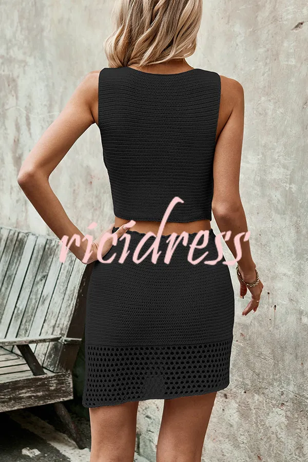 Knitted Vest V-neck Top and Lace-up Hollow Skirt Set