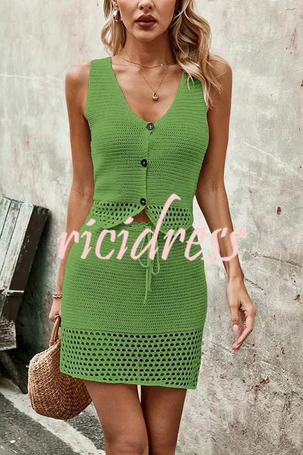 Knitted Vest V-neck Top and Lace-up Hollow Skirt Set