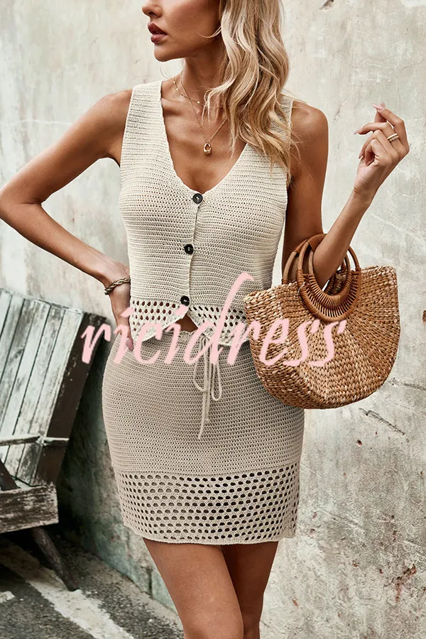 Knitted Vest V-neck Top and Lace-up Hollow Skirt Set