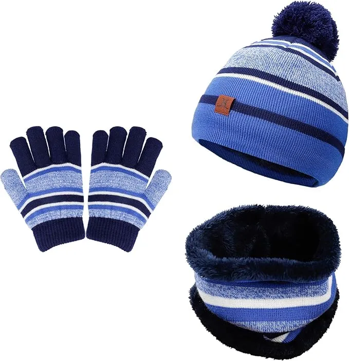 MaoXinTek Kids Winter Beanie Hat Warm Knitted Cap Scarf Gloves Set with Double Layer Fleece Lining for Boys Girls Aged 3-6