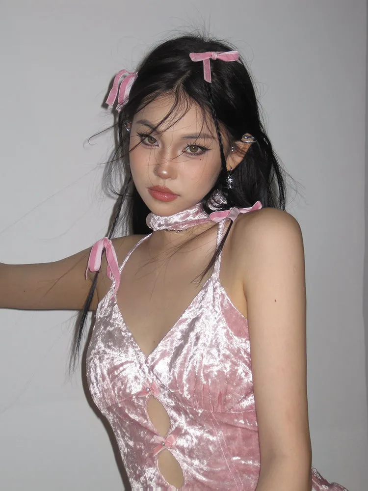 Nadine Solid Color Baby Pink Velvet V-Neck Bow Spaghetti Straps Pleated Mini Dress