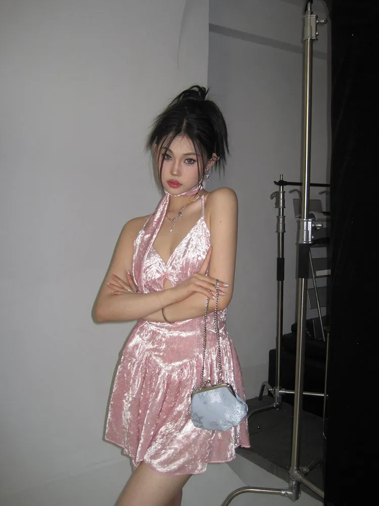 Nadine Solid Color Baby Pink Velvet V-Neck Bow Spaghetti Straps Pleated Mini Dress