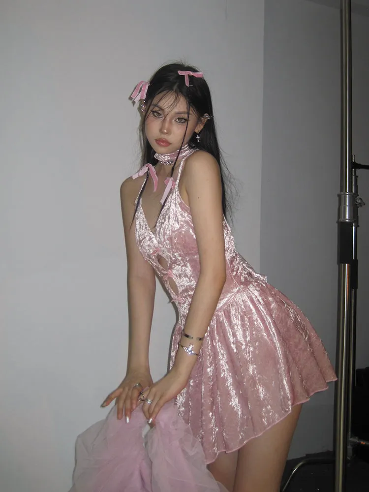Nadine Solid Color Baby Pink Velvet V-Neck Bow Spaghetti Straps Pleated Mini Dress