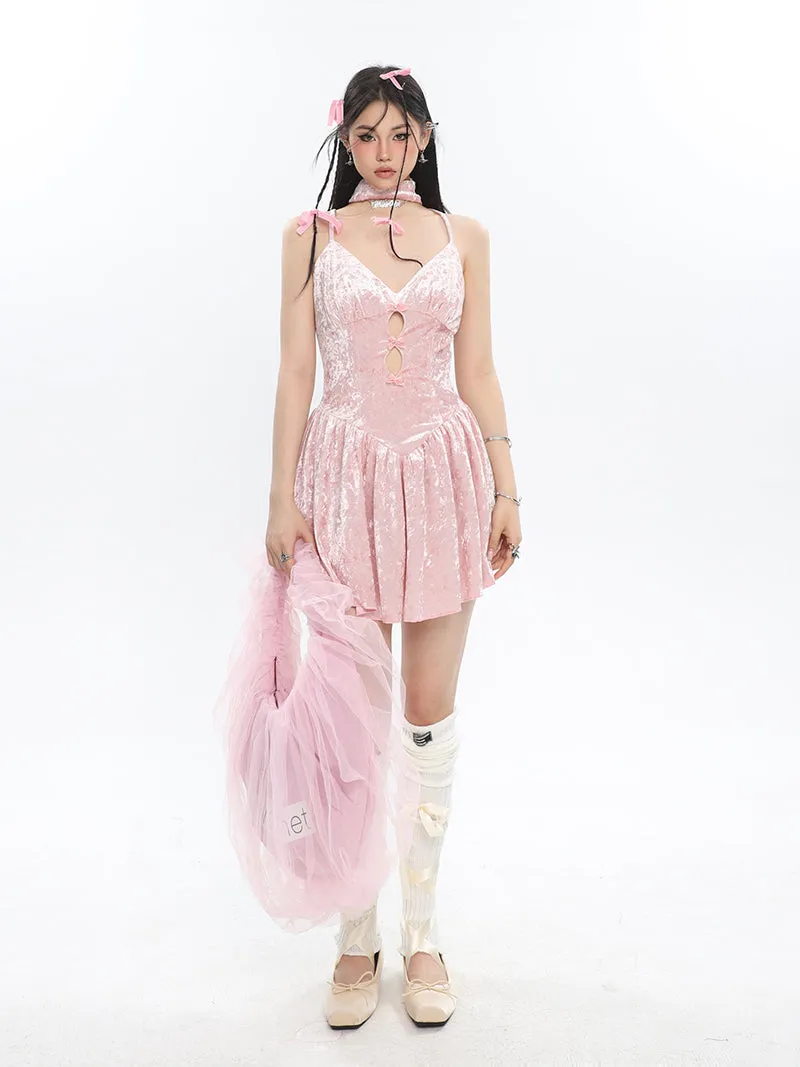 Nadine Solid Color Baby Pink Velvet V-Neck Bow Spaghetti Straps Pleated Mini Dress